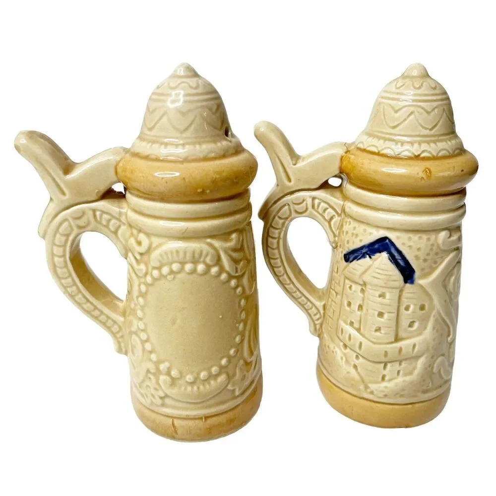 Vintage German Beer Stein Salt & Pepper Shakers Ceramic Oktoberfest Brewery